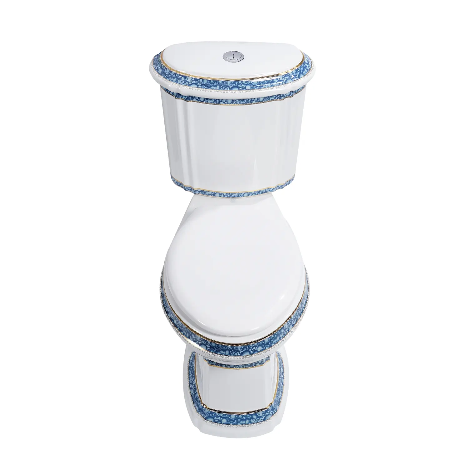 blue and gold elongated two piece toilet